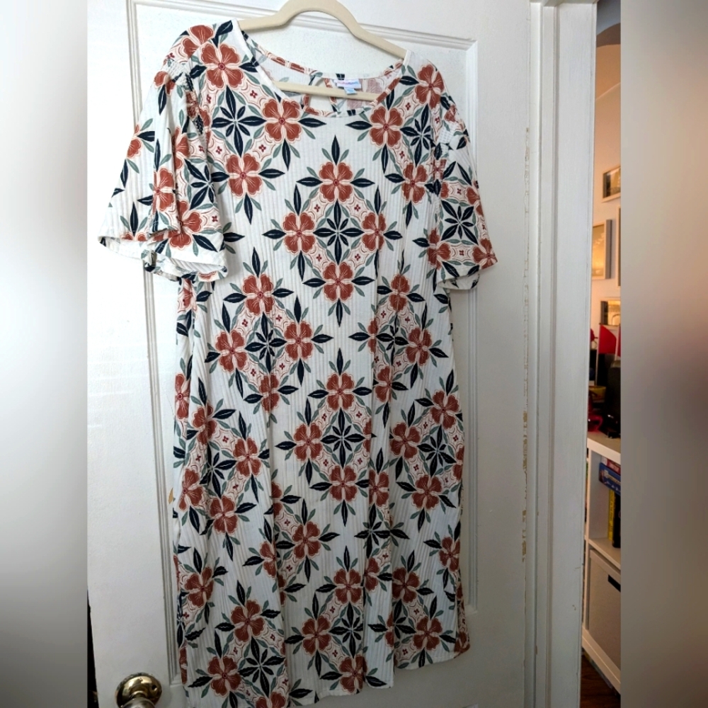 LuLaRoe Roselyn Smocked Detail Flutter Sleeve Ribbed Dress Floral Size 2XL